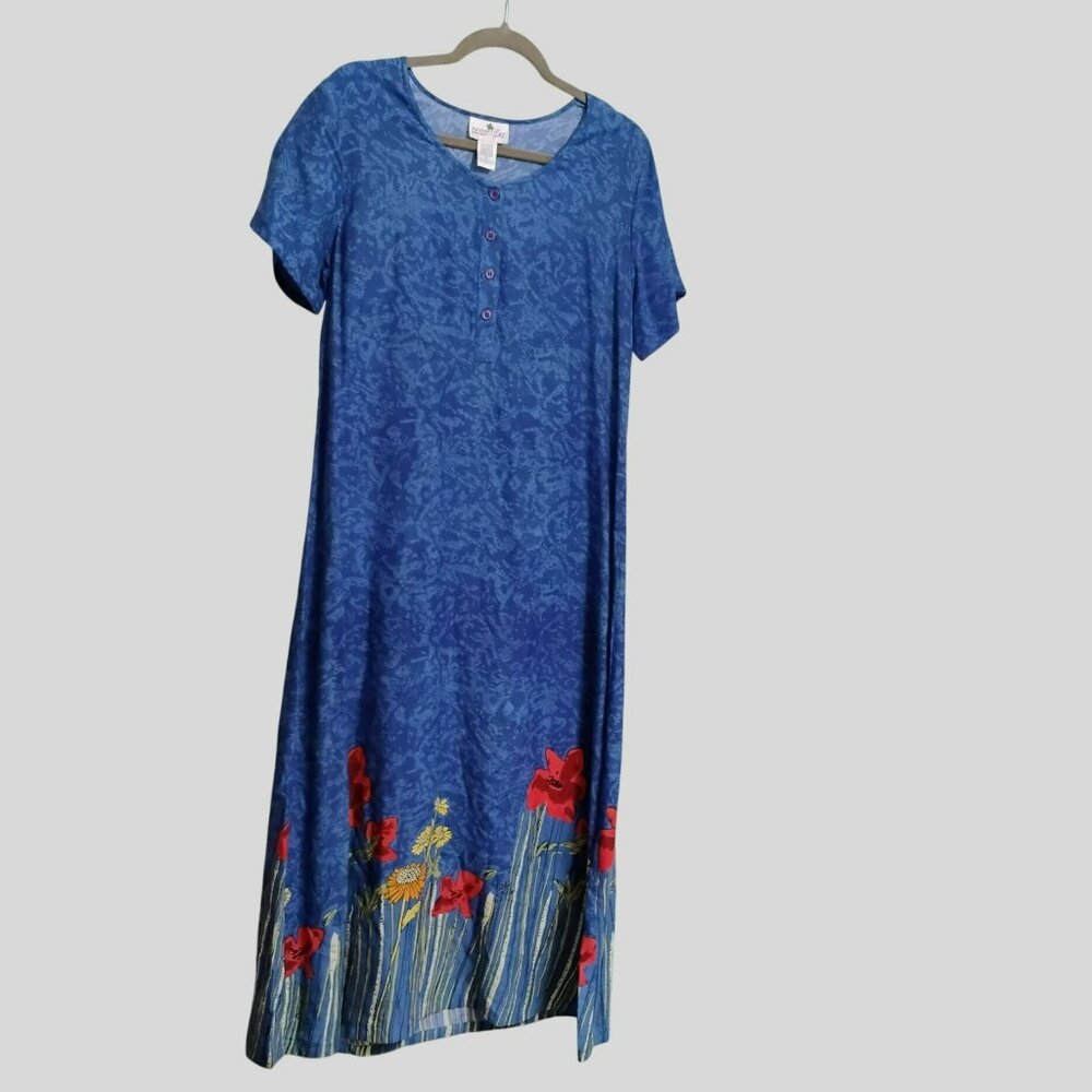 Vintage Desert Jems Maxi House Dress, S, Blue Short Sleeve Cottagecore Floral